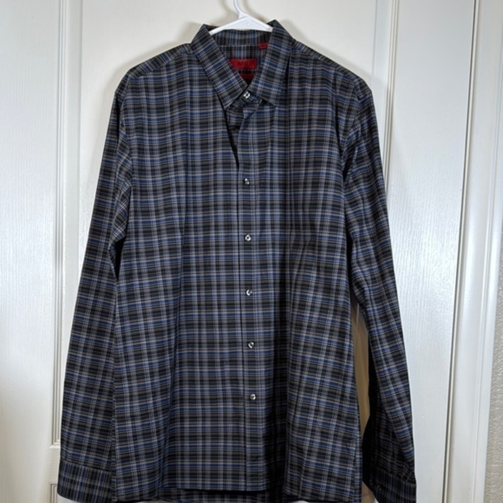 Hugo Boss Blue Gray Black Plaid Slim Fit Casual Dress Shirt Size XL EUC #5638